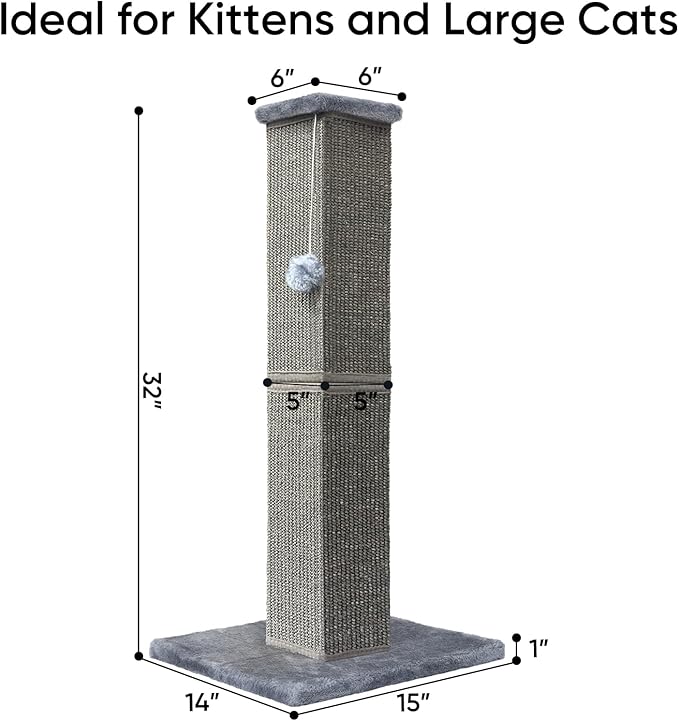 Cat Scratching Post 32 Inch for Indoor Large Cats and Kitten, Nature Sisal Tall Cat Scratch Post, Sisal Cat Scratcher Improve Cat's Scratching Habits and Protect Your Furniture, Dark Grey