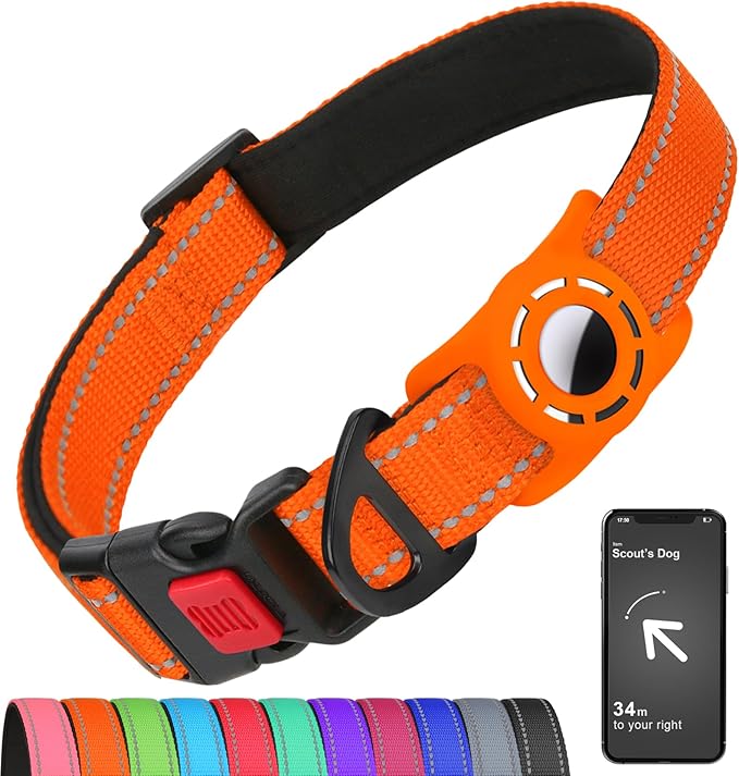 Airtag Dog Collar with AirTag Holder for Medium Dogs, Reflective, Soft Padded & Safety Locking Buckle, Nylon Pet Collars Adjustable for All Breeds, Orange,M