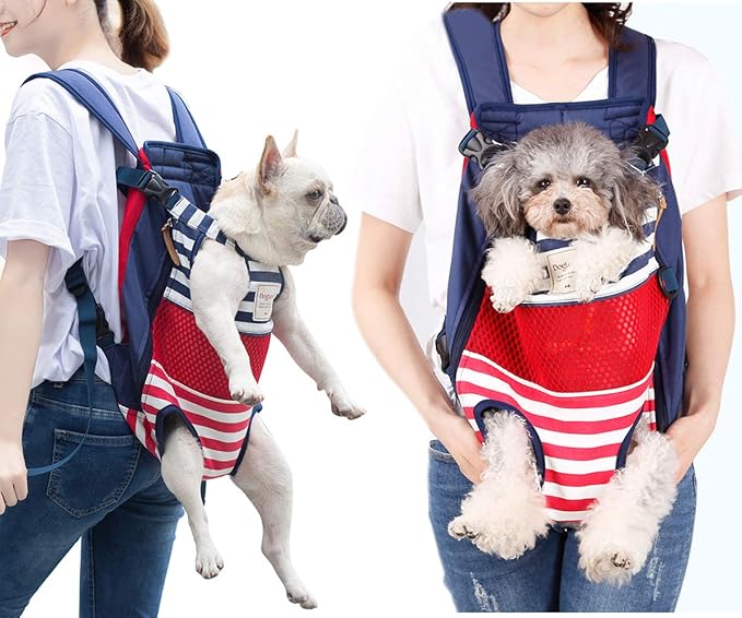 Lifeunion Legs Out Dog Carrier Backpack Hands-Free Adjustable Pet Travel Carrier for Small Medium Dogs Cats Motorcycle Hiking Walking (Red and Blue Stripes)