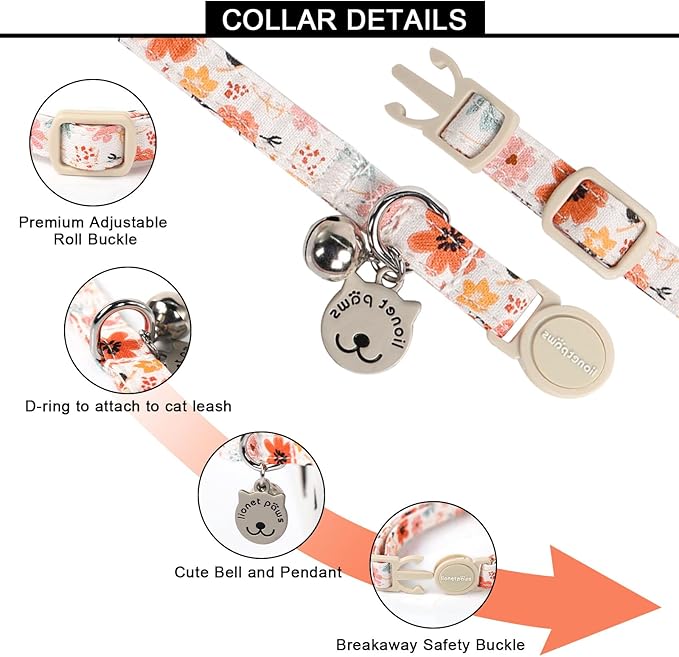 Lionet Paws 2pcs Pack Cotton Cat Collar,Breakaway Buckle with Floral Pattern and Brand Pendant Cute Adjustable Cat Kitten Collar,Ideal for Girl Cats