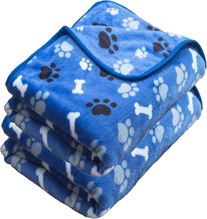 Dog Blanket Paw Bone Pattern 1 Pack 2 Super Soft Warm Flannel Sofa Cover Car Bed Protector, Urine Proof Washable Outdoor Pet Blanket for Puppy Large Dogs & Cats,60"*50" Blue