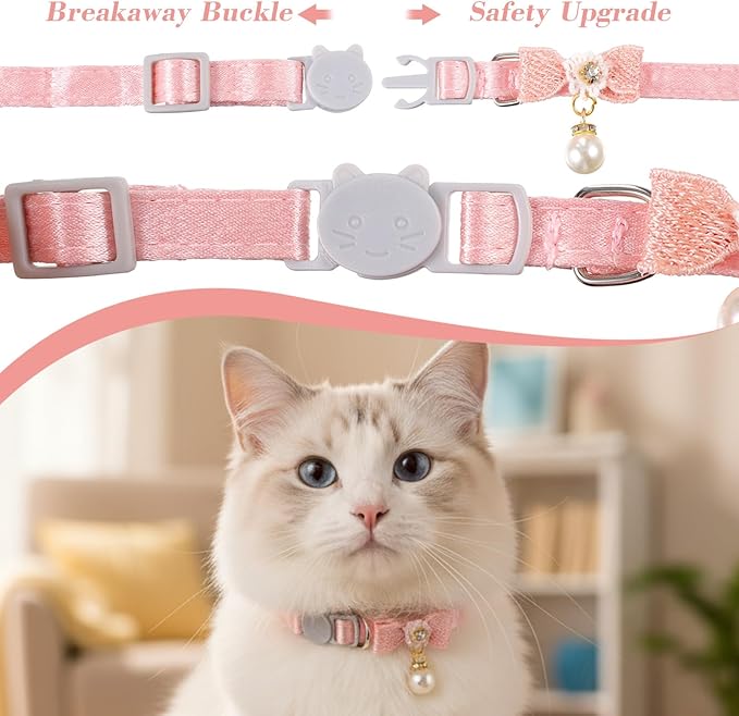 Cat Collar Breakaway, Adjustable Pink Cat Collar with Pearl Pendant, Cute Cat Collars with Safety Buckle Pink Bowtie Kitten Collars for Girl Cats