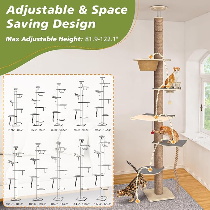 Floor to Ceiling Cat Tree, 5 Tier Cat Tower Adjustable Height (82-120 in), Tall Climbing Tree with Perches, Hammock, Scratching Post, Bed, Ball Toys, Solid Structure and Neutral Color Fit Home Decor