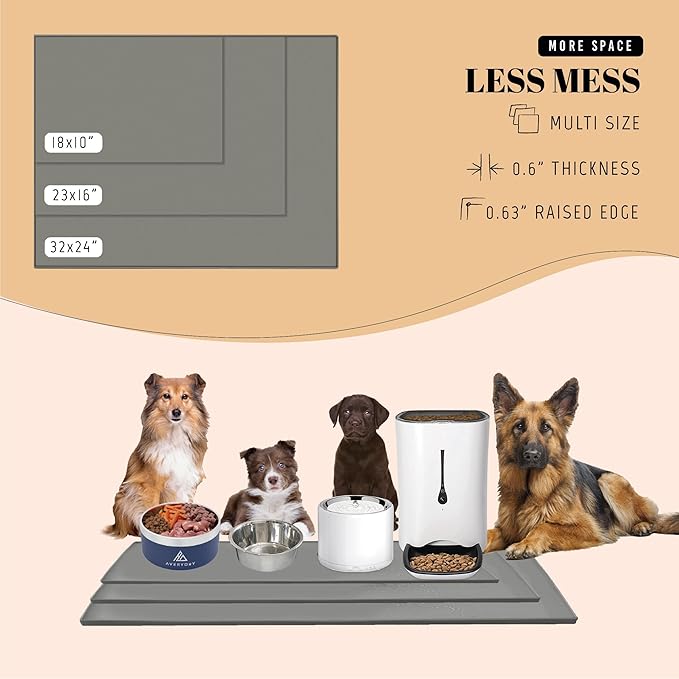 AVERYDAY 100% Waterproof Thicker Silicone Dog Food Mat, 0.63'' Raised Edge Bowl Mat for Food & Water, Non Slip Pet Feeding Placemat for Messy Drinkers, Perfect for Large Medium Small Breeds, 23"x16"