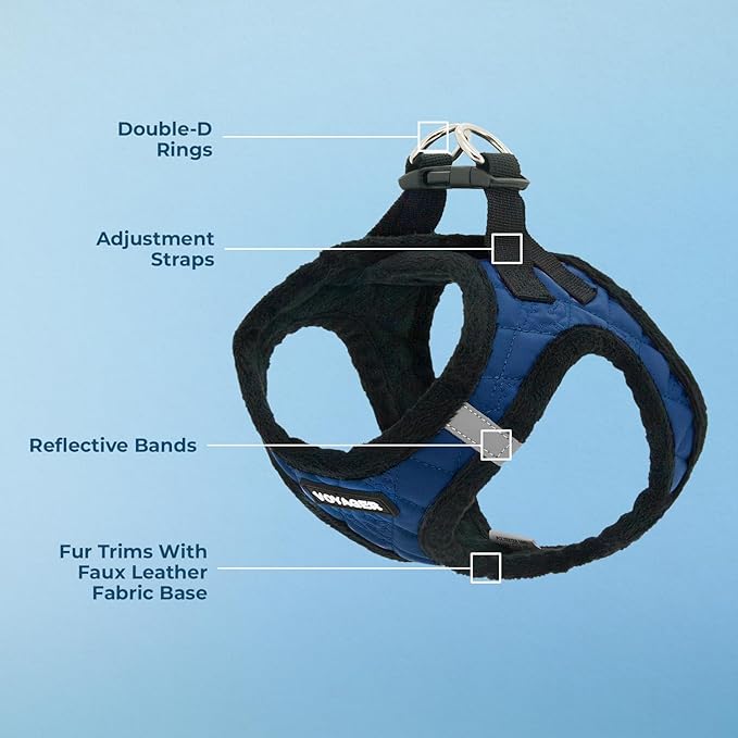 Best Pet Supplies - All Weather Plush, Reflective, No Pull Harness for Small, Medium Dogs, Cats - Secure with Hook & Loop Fastener, Buckle, Double D-Rings - Royal Blue Faux Leather, S