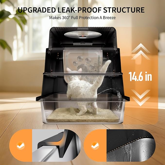 Stainless Steel Cat Litter Box with Lid, Enclosed Metal Litter Pan, Full Flip Cover Litter Box for Kittens & Small Animals, Include Scoop & Step, Leak Proof Easy Clean Odor Control-Black