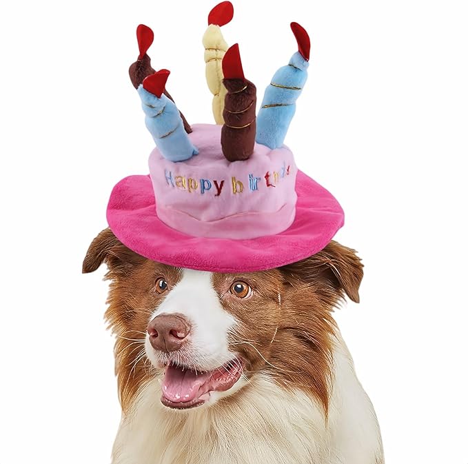 Cute Pet Party Hat for Dogs&Cats - Soft Fluffy Birthday Cap with 5 Color Candles (Blue), Adjustable Strap for Halloween,Costume&Photo Shoots,Fits Small to Large Pets,Washable&Comfortable ﻿ (Pink)