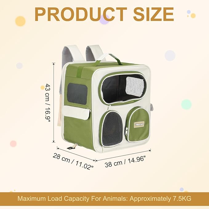Pet Backpack Carrier, Portable and Ventilated, Nylon Dogs Cats and Small Animals Travel Bag 14.96", (Green, 1 Pcs), Intended for Hiking/Camping/Traveling