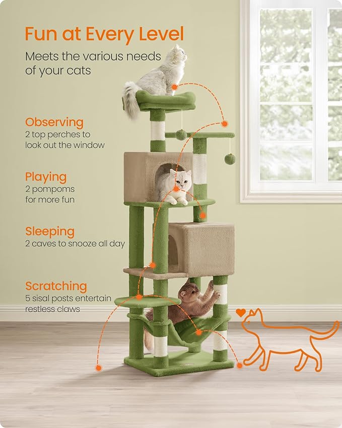 Feandrea Cat Tree, 59.5-Inch Tall Cat Tower, Plush Multi-Level Condo with 5 Scratching Posts, 2 Perches, 2 Caves, Hammock, 2 Pompoms, Grass Green and Camel Brown UPCT192C03