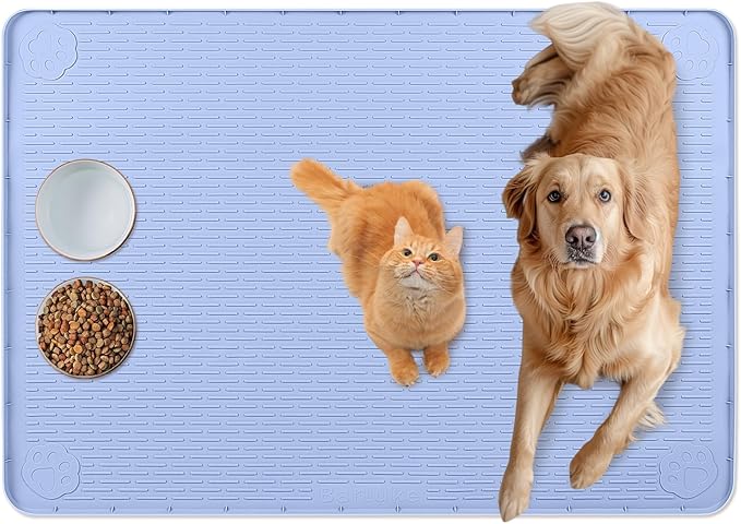 Cat Food Mat, 34" x 22" Large Silicone Pet Feeding Mat for Food and Water Bowls Non-Slip, Easy to Clean (Blue)
