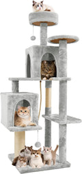 58.5inch Large Cat Tree Tower Condo for Indoor Cats, Soft Plush Multi-Level Climbing Tree Cat House, Scratching Post, More Entrance/Exit, Sisal Rope, Light Grey