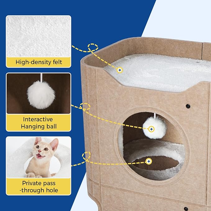 Cat House for Indoor Cats, 2-Storey Cat Bed Cave, Felt Cat Hideaway Condo with Resistant Scratching Freedom Kitten Cube for Multicats Beige