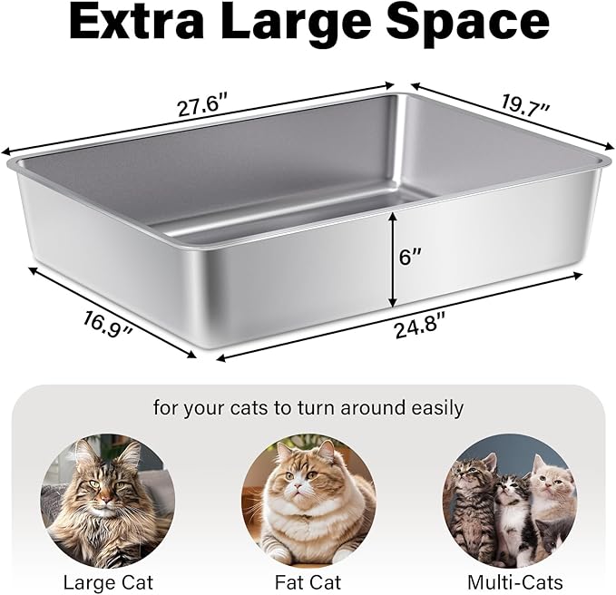 Stainless Steel Litter Box, 28" X 20" X 6" Steel Litter Box XXL No Smell, Extra Large Metal Litterbox for Big Cat, Multiple Cats, Non Stick, Easy Cleaning