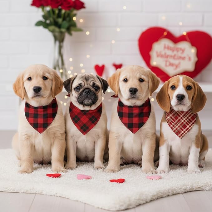 Weewooday 50 Pcs Valentine's Day Red Plaid Dog Bandanas Bulk for Dogs Soft Bibs Adjustable Triangle Bandana for Small Medium Large Pet Costume(25.6 x 17.7 x 17.7 Inch)