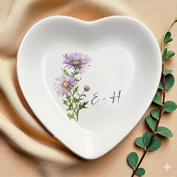 Personalized Floral Jewelry Dish, Engaged Ring Dish, Custom Trinket Dish Engagement Gift for Newly Engaged Couple, Mr and Mrs Ring Dish Just Married Valentines Gifts Keepsake