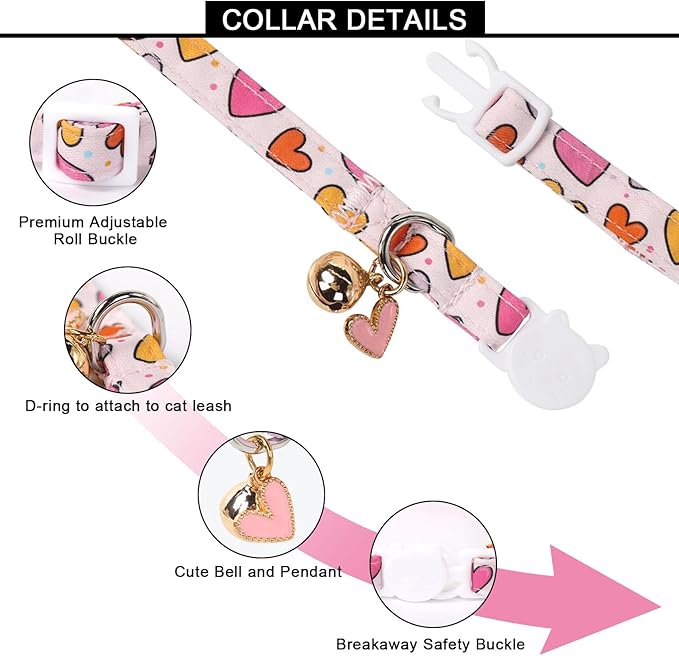 Lionet Paws 2pcs Pack Valentine's Day Cotton Cat Collar,Dot Heart Breakaway Buckle with Red Pink Love Cute Adjustable Cat Kitten Collar,Ideal for Girl Cats