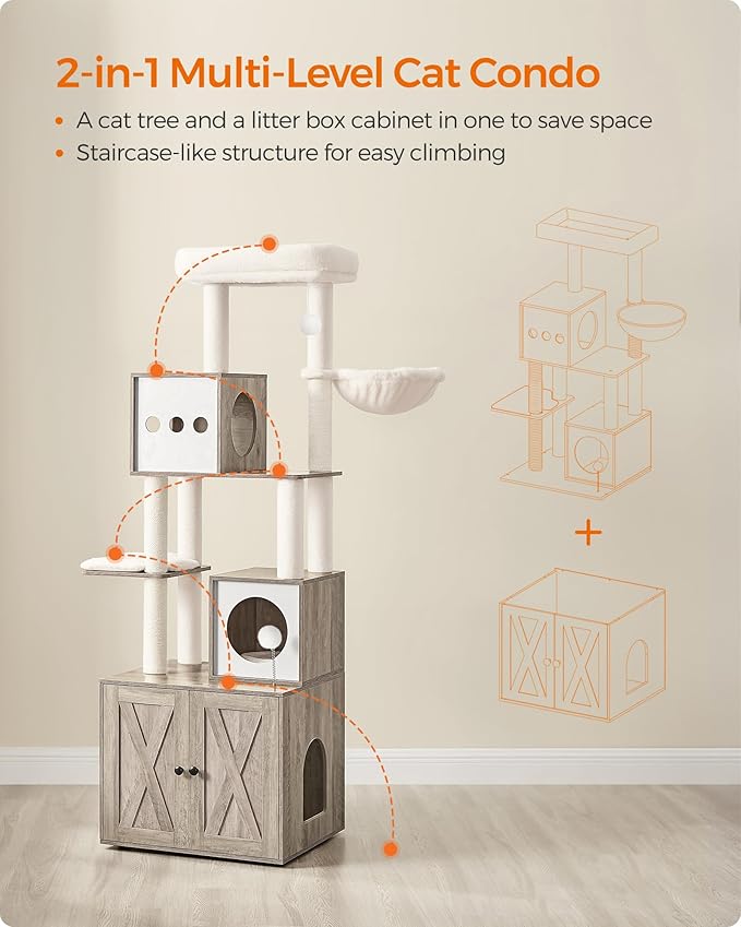 Feandrea Cat Tree with Litter Box Enclosure, 70.1-Inch Tall Cat Tower, 2-in-1 Modern Condo with Scratching Posts, Perch, Caves, Basket, Washable Cushion, Heather Greige UPCT116G01