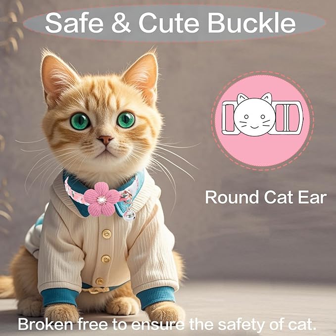 Cat Collar, HYQHYX Breakaway Kitten Collar with Flower,Rhinestone Kitty Collar with Bell, Floral Pet Collar with Safety Buckle for Cats and Puppy Dog