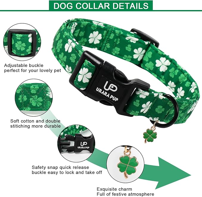 St. Patrick's Day Dog Collar, UP URARA PUP Shamrock Adjustable Pet Collar with Quick Release, St. Patrick's Day Dog Accessories for Small Medium Large Dogs