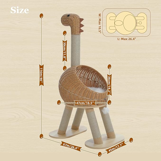 PAWZ Road Modern Cat Tree 46” Cat Dinosaur Tower with Scratching Post, Large Rattan Cats House in 18” Diameter, Wicker Cats Bed with Removable Mat