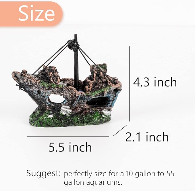 Raeasily Fish Tank Decoration Aquarium Accessories,Shipwreck Decor,Resin Material Sunken Ship Decorations for Fish Favors, Multi, 10 * 10