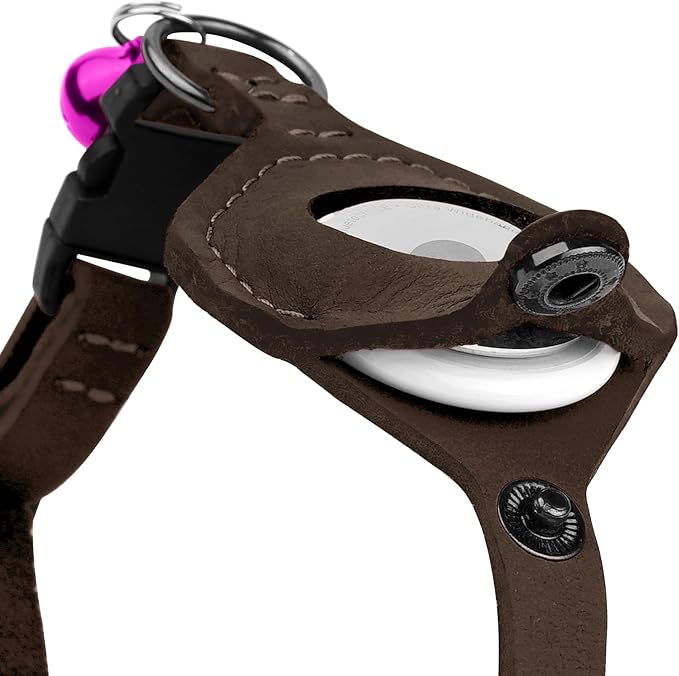 Breakaway Airtag Cat Collar with Removable Bell - Leather Pet Collar with Apple Air Tag Holder - Adjustable GPS Collars for Girl Boy Cats Kitten Puppy - Lightweight, Cute and Comfortable (Chocolate)
