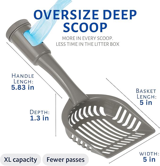 2-in-1 Pooper Scooper with Bag Attachment, Cat Litter Shovel Scoop with Bag, Built-in Dispenser, Includes Trash Roll, Rinse-Clean, Anti-Stick, Smart Sifter, Long Handle (Dark Gray)