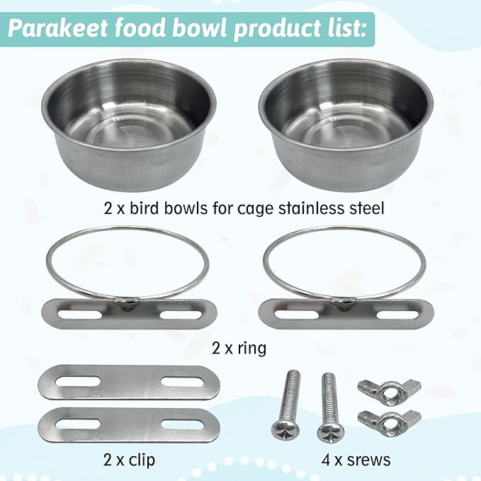 PINVNBY Stainless Steel Bird Bowl Parrot Food Water Bowls with Clamp Holder Bird Feeder Dish Cups Crate Bowls for Cockatiel Pigeons Conure Budgies African Greys (2PCS Screw Size: M)