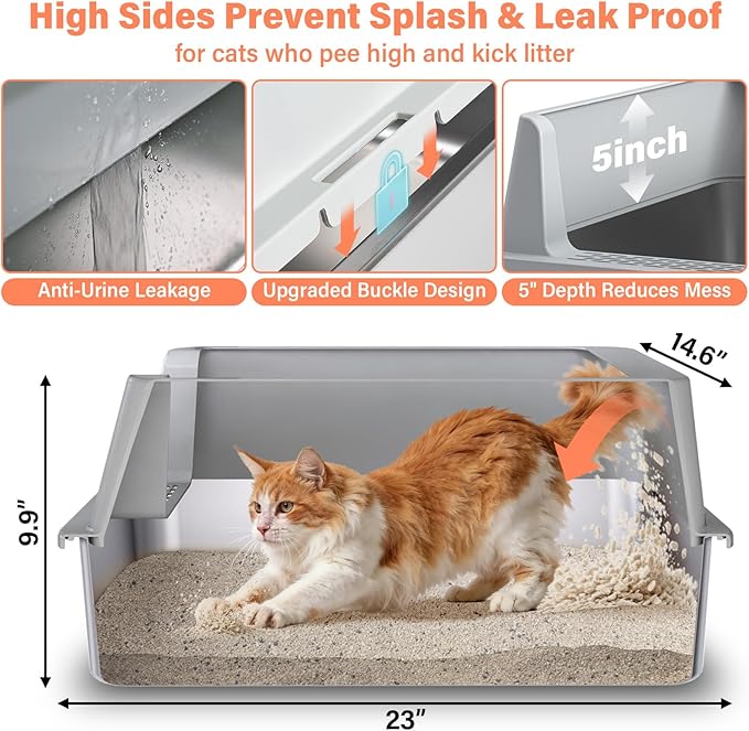 2PACK Stainless Steel Cat Litter Box with Lid, XL Metal Litter Box, Extra Large Litterbox for Big Cats, High Sided | Easy Cleaning | Odor-Free Includes Scoop and Mat