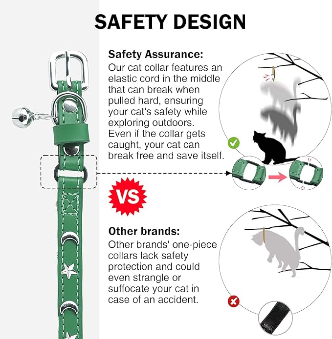 Leather Cat Collars for Boy Girl Cats with Bell and Safety Elastic Belt, Personalized Star and Moon Stud Adjustable Safe Buckle Collar for Kitty Small Big Cats Size 8-12 Inch, Green
