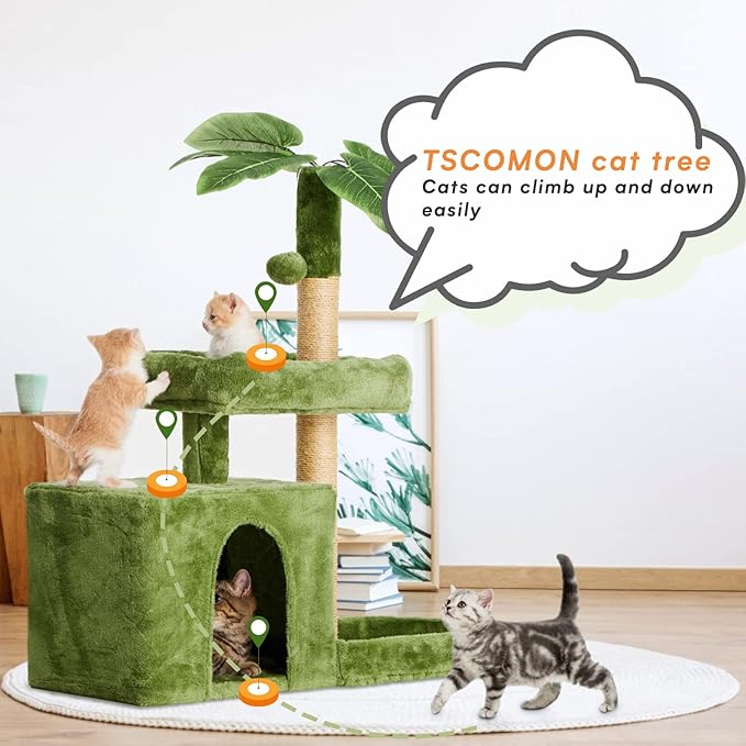 31.5in Multi-Level Cat Tower with Sisal Scratching Posts, Hidden Cave & Perch Platform, Large Cat Condo for 1-3 Cats, Eco-Friendly Pet Furniture with Realistic Leaves, Green