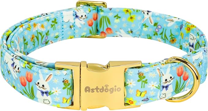 Easter Dog Collar for Small Dogs, Easter & Spring Theme Small Dog Collar with Cute White Bunny Pattern, Adjustable Blue Easter Dog Collars Girl Boy Collar for Dogs -S