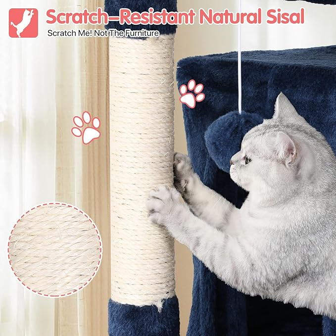 70in Cat Tree Cat Climbing Tower with Scratching Post, Cats House Perch Kitten Tree Condo Wood Playhouse, Pet Trees Tower for Indoor Cats, Navy Blue