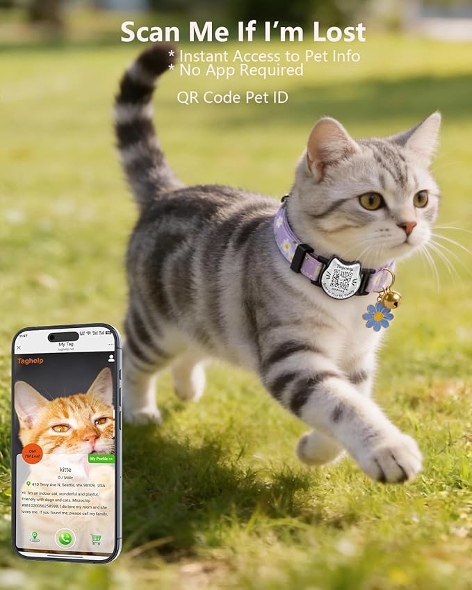 Cute Floral Breakaway Cat Collar with QR Code ID Tag, Soft Cotton Adjustable Kitten Collar with Bell, Personalized Scan ID for Cats, Daisy Pattern, Flower Pendant(Purple)