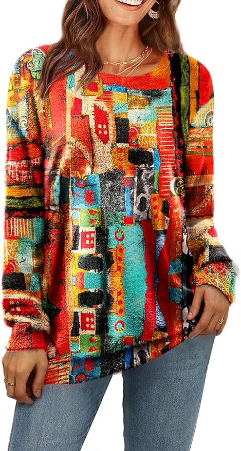 YESNO Women Christmas Sweater Graphic Printed Oversized Pullover Sweaters Casual Loose Knit Tops S01