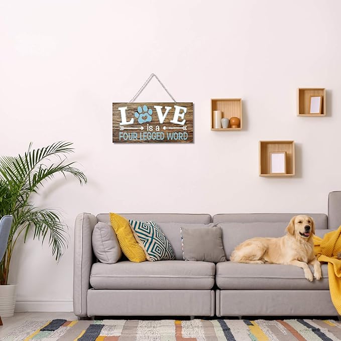 Dog Wall Decor Room Love Is a Four Legged Word Pet Paw Sign Dog Vintage Metal Hanging Decorative Signs Plaque Wall Decorative for Christmas Pet Lover Gifts Thanksgiving(10 x 5 Inch)