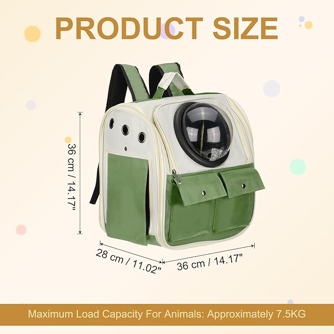 Pet Backpack Carrier, Portable and Ventilated, Oxford Cloth, Dogs Cats and Small Animals Travel Bag 12.99", (Dark Green, 1 Pcs), Intended for Hiking/Camping/Traveling