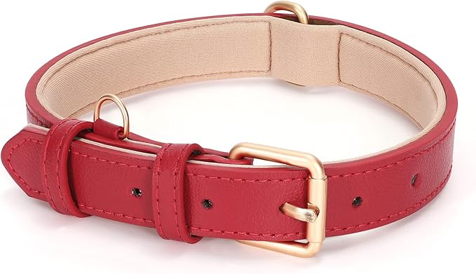 WHIPPY Leather Dog Collar for Small Medium Large Dog Adjustable Soft Breathable Leather Padded Puppy Collar with Alloy Buckle Heavy Duty Waterproof Classic Dog Pet Collar,red,S