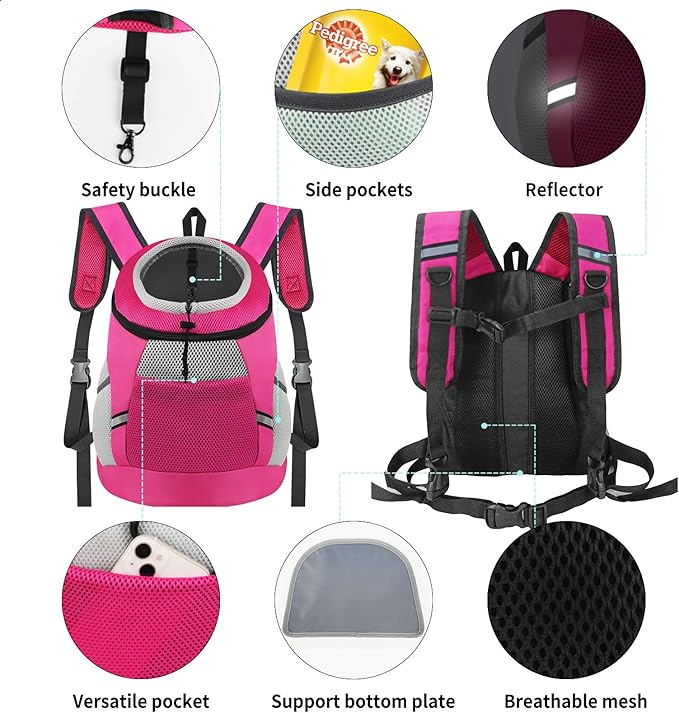 Dog Backpack Carrier, Front Chest Carrier for Cat Small Dogs, Pet Carrying Bag for Travel Hiking Cycling Outdoor Rose S (Suggested Pet Height 7-10 in, 2-6 lbs)