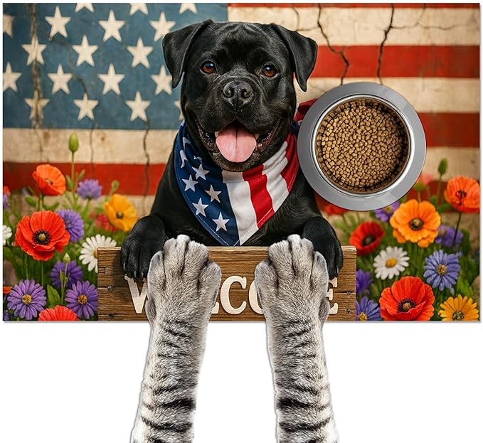 Patriotic 4th of July Flag Dog Pet Food Mat Independence Day Spill-Proof Pet Feeding Mat USA Welcome Dog Bowl Mats Pets Placemat Cat Food Mats for Home Decor 24" x 16"