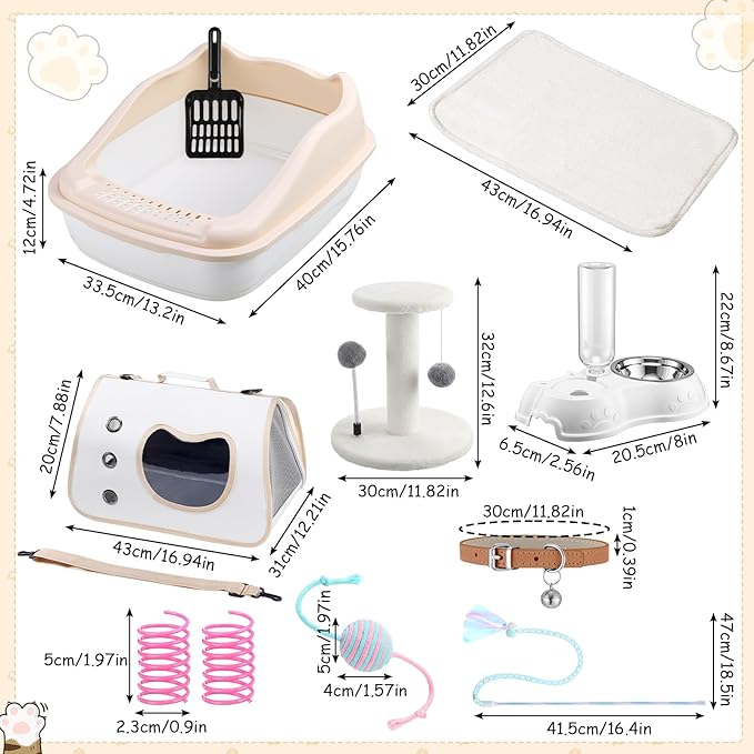 Eccliy Kitten Starter Kit, 10 Pcs Cat Starter Kit for Indoor Cats Kitten Essentials Includes Litter Box, Pet Toy, Folding Carrier, Climbing Frame, Mat, Collar, Automatic Food Bow (Cute,White)
