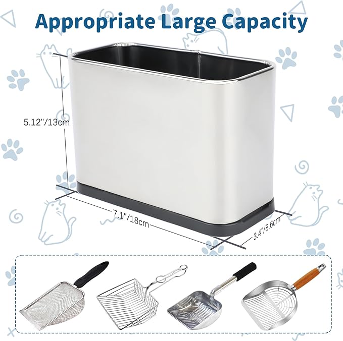 FHTONGE Stainless Steel Cat Litter Scoop Holder, Detachable Metal Cat Scooper Caddy, Universal Kitty Pooper Stand Trash Can Container for Most Pet Poop Shovels, Kitten Waste Scoops Storage Box