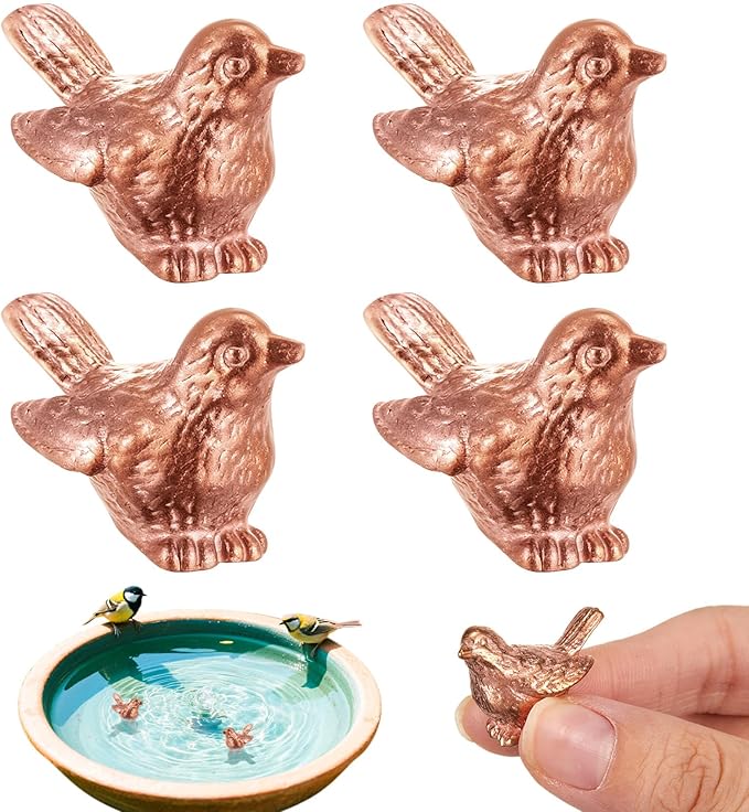 Moxweyeni 4 Pcs Mini Bird Shape Copper Bath Disk Ornaments Copper Bird Bath Purification Disks Birdbath Cleaner Single 0.6 oz Weight Universal Fit for Outdoor Birdbaths, Bowl