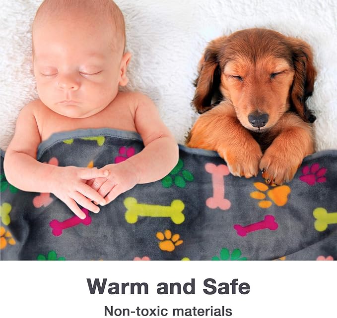 Allisandro Luxurious Dog Blanket, 350 GSM Super Fuzzy Microplush Fleece Pet Blankets for Small Medium Large Dogs and Cats, Vivid Paw and Bone, 64 x 40 Inches
