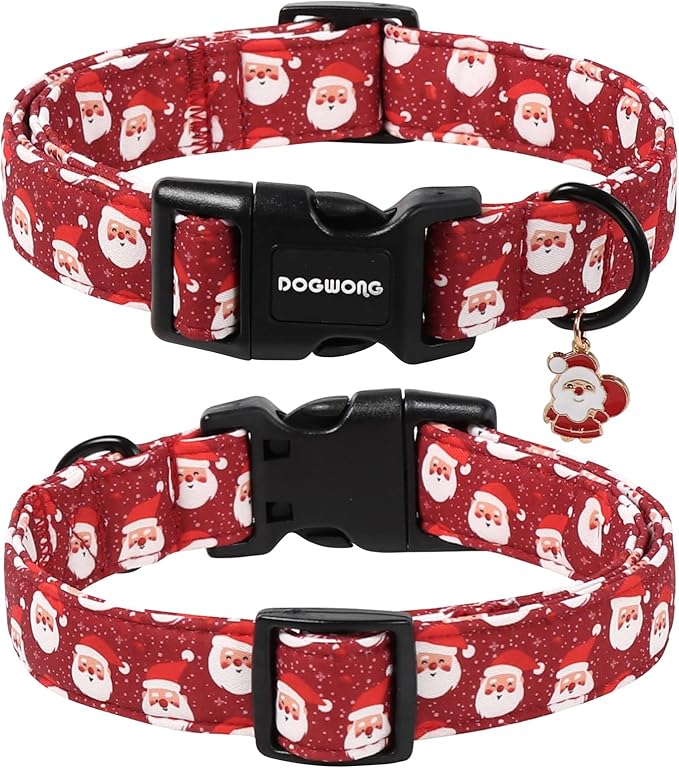 DOGWONG Christmas Dog Collar, Red Santa Claus Print Cute Dog Collars Winter Holiday Male Female Adjustable Dog Collar for Medium Large Dogs
