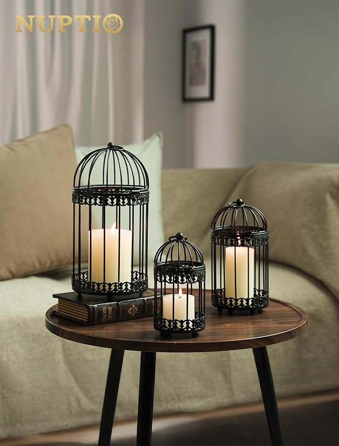 NUPTIO Decorative Bird Cages for Centerpiece: Black Vintage Bird Cage Hanging Lantern Set of 3 - Metal Birdcage Pillar Candle Holders for Halloween Party Table Fireplace Decor