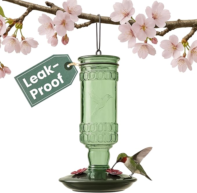 Perky-Pet Glass Bottle Hummingbird Feeder - Outdoor Garden Décor Humming bird Feeder, 8108-1SR - 10 Fl Oz Nectar Capacity - Durable Green Antique Design - Hang from Tree, Porch, Deck, Hook
