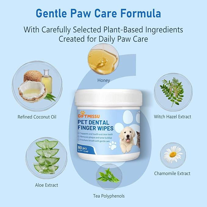 80 Counts Pet Dental Finger Wipes for Dogs and Cats - Disposable Dog Teeth Cleaning Wipes for No-Rinse Daily Oral Care, Pet Tooth Cleaning Wipes