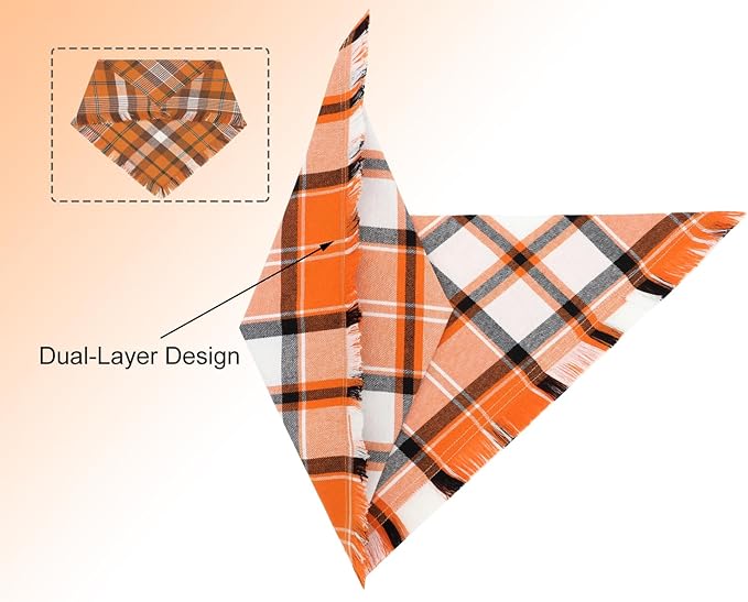 Fall Dog Bandanas,Autumn Halloween Orange Plaid Scarf,Triangle Holiday Thanksgiving Outfit for Boy and Girl Dogs,Pet Costumes for Medium to Large Dogs,2PCS Double-Sided Plaid Design with Tassels