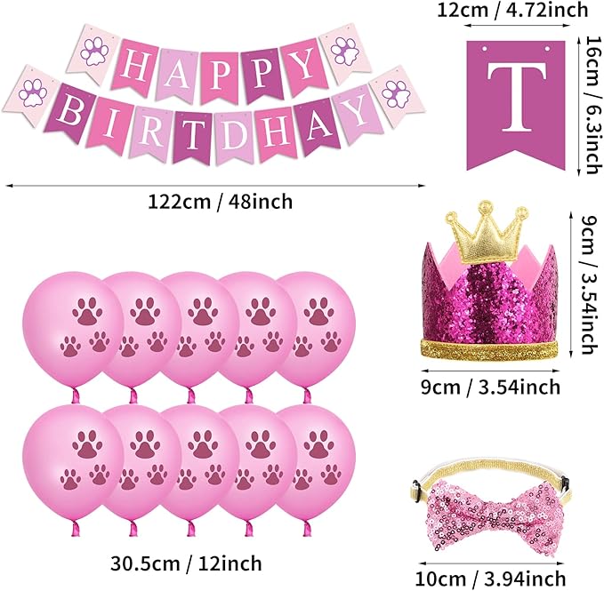 Dog Birthday Party Supplies, Dog Birthday Hat Bandana Scarf with Cute Bow Tie, Flag, Balloons for Small Medium Dogs Pets, Doggie Party Supplies Decorations